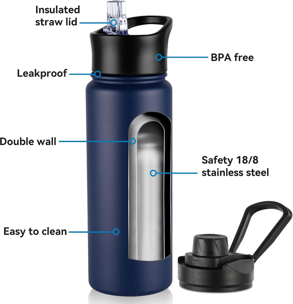 24oz Insulated Water Bottle with Straw Lid, Stainless Steel Metal Water Bottle with Straw & Wide Mouth Lid, Double Wall Vacuum Water Bottle for Hiking Camping, Navy 4 Pack