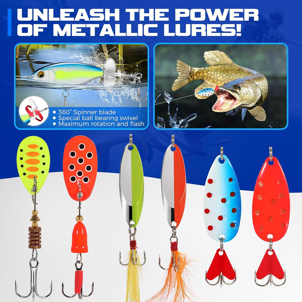 PLUSINNO Fishing Lures Fishing Tackle Box Fishing Gifts for Men, Bass, Trout Fishing Accessories Kit for Saltwater & Freshwater Fishing Gear Including Topwater Lures, Hooks, Spinnerbaits