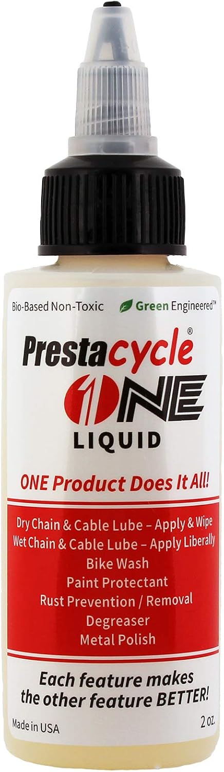 Prestacycle One Liquid, Bike Chain Lubricant and Cleaner, All-in-One Bicycle Lube, Degreaser, Paint Protectant, Metal Polish & Rust Remover, Without Alcohol or Petroleum