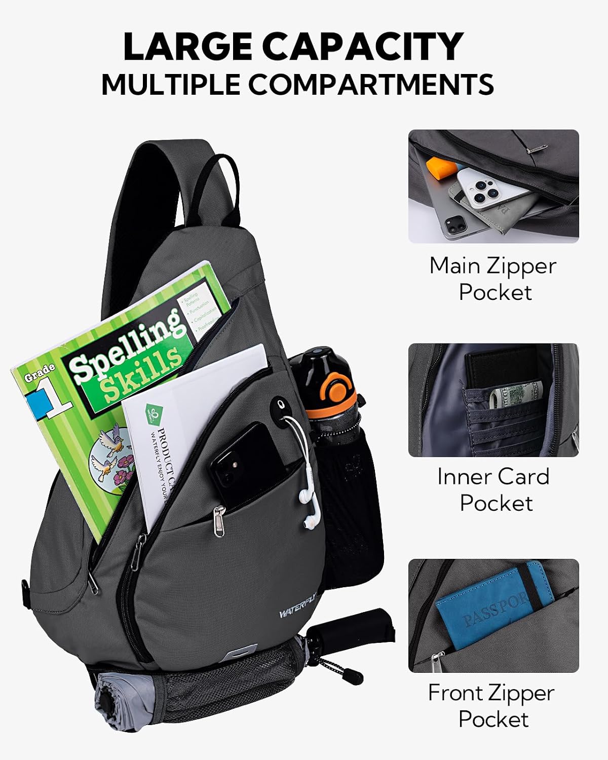 WATERFLY Large Sling Bag Crossbody Backpack Chest Pack for Men Women