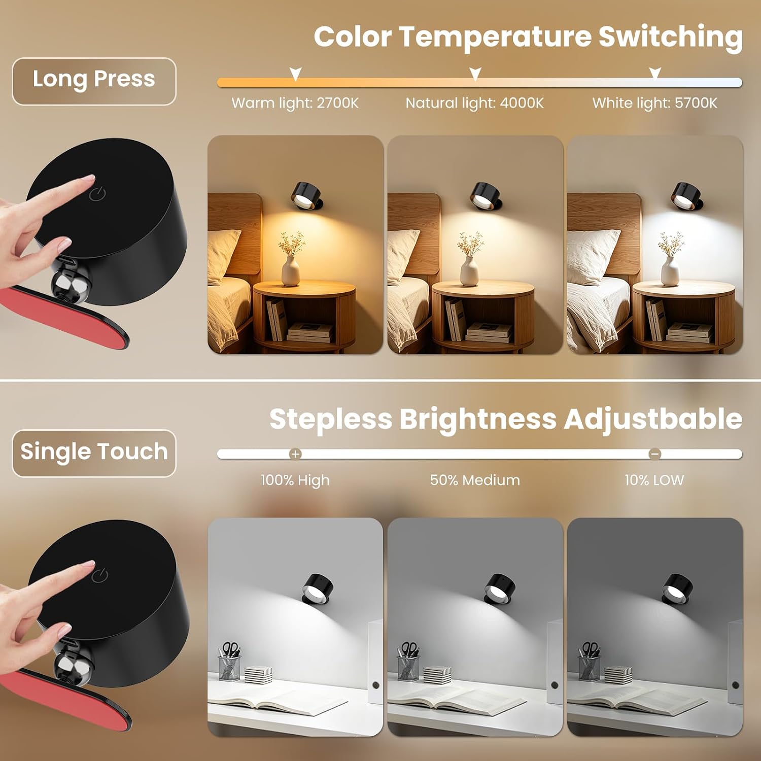 AKSDA 3Pack Battery Operated Wall Sconce, 3 Color Modes 3 Brightness Levels 360°Rotation Lighting Timer Touch & Remote Control, Wall Mounted Lamp LED Wall Lights for Bedroom Reading Bedside (Black)
