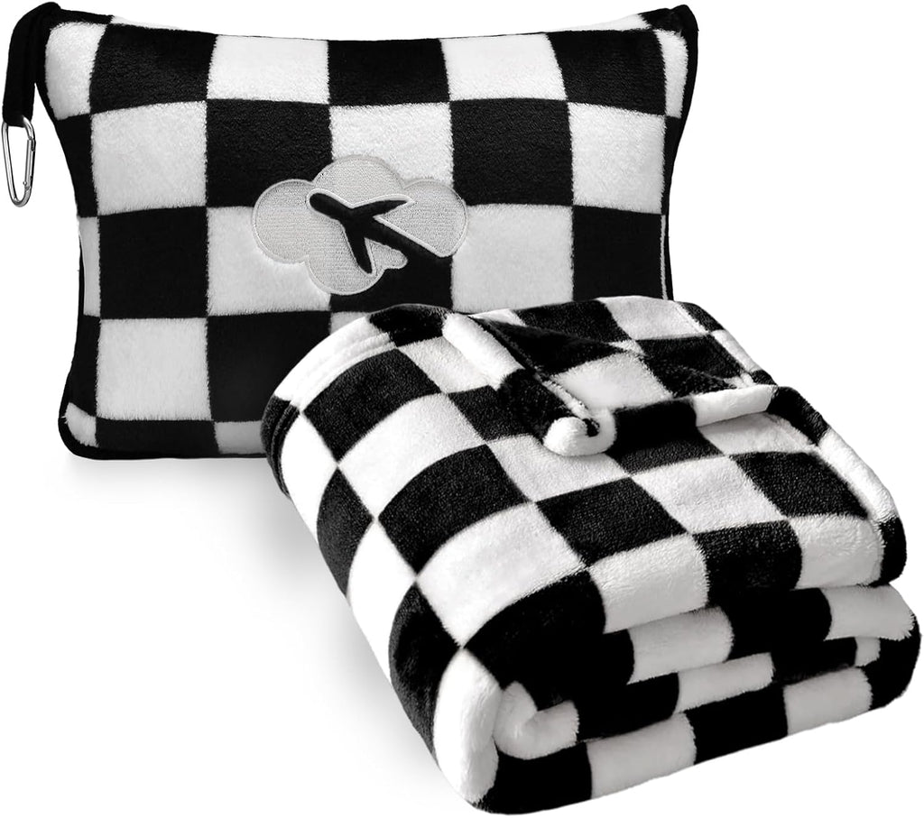 Travel Blanket and Pillow Compact, Premium Soft 2 in 1 Airplane Blanket with Soft Bag Pillowcase，Hand Luggage Sleeve and Backpack Clip (Checkered Black)