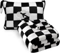 Travel Blanket and Pillow Compact, Premium Soft 2 in 1 Airplane Blanket with Soft Bag Pillowcase，Hand Luggage Sleeve and Backpack Clip (Checkered Black)