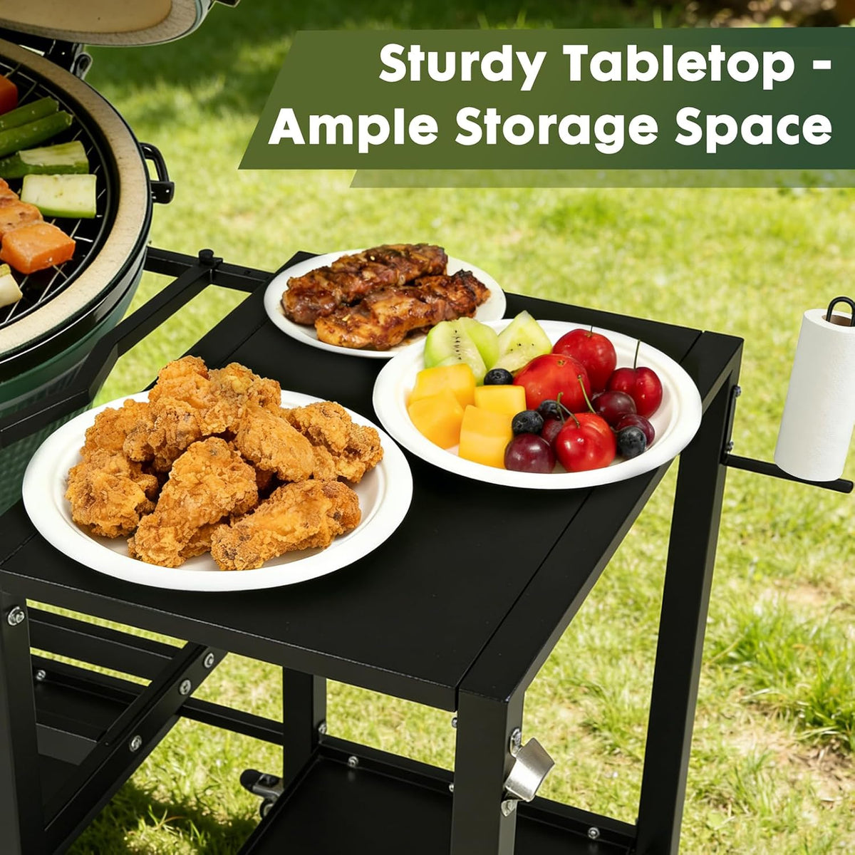 Outdoor Grill Table for Big Green Egg, BBQ Cart with Lockable Wheels