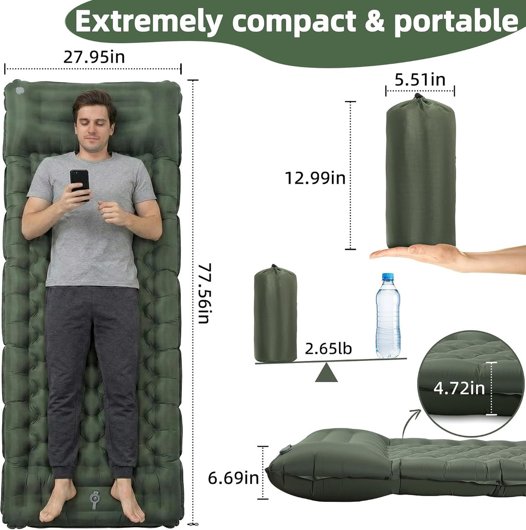 Camping Sleeping Pad, 4.7" Extra-Thick Camping Mattress with Pillow, Built-in Foot Pump Ultralight Inflatable Sleeping Pads for Camping Hiking Backpacking Traveling Tent, Military Green, Single