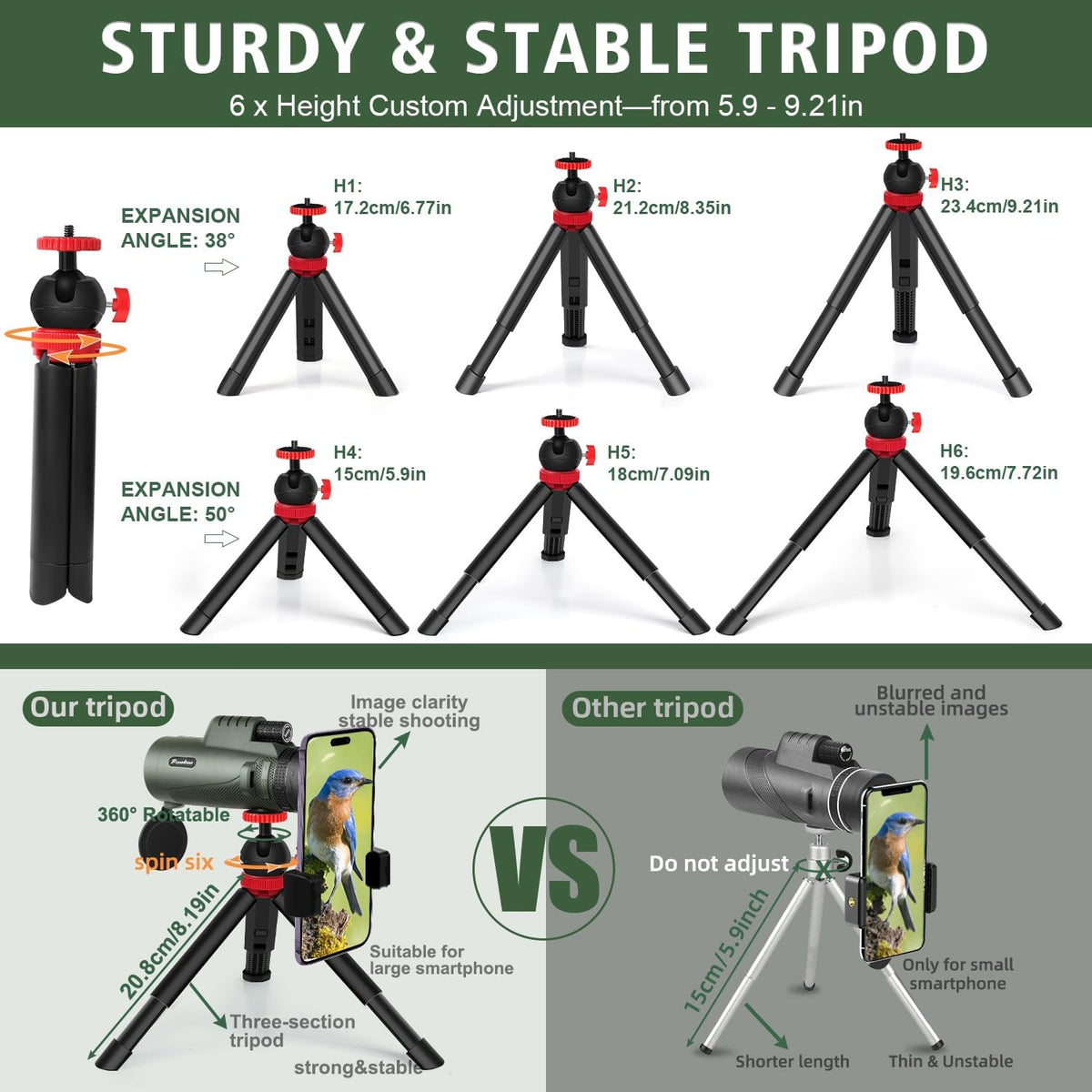 Monocular Telescope 40X60 High Power - Adult - BAK4 Prism with Phone Adapter, Tripod & Hand Strap. Great for Bird Watching, Travel & Concerts