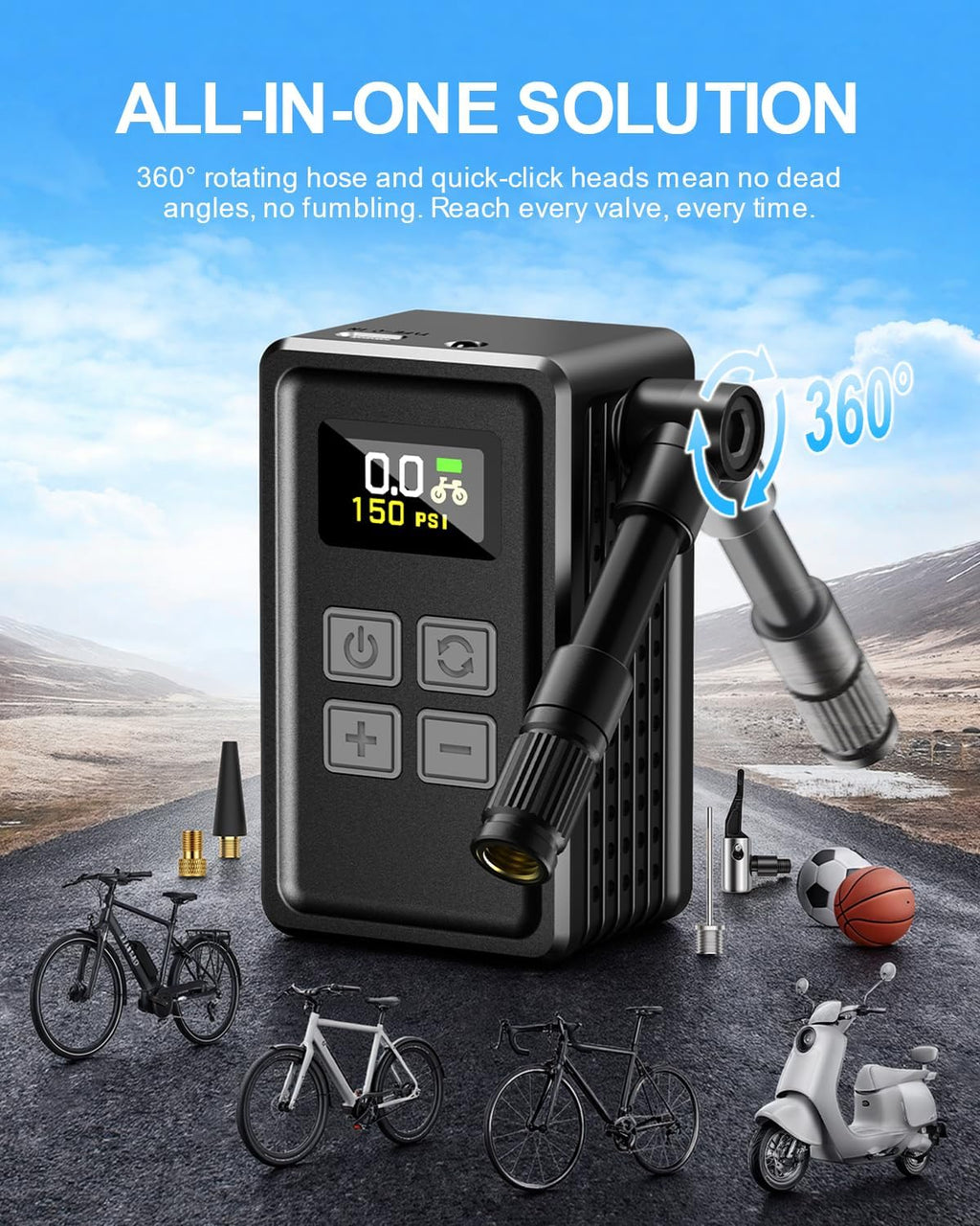 Mini Bike Pump 150 PSI Electric Tire Inflator with Gauge for Bikes