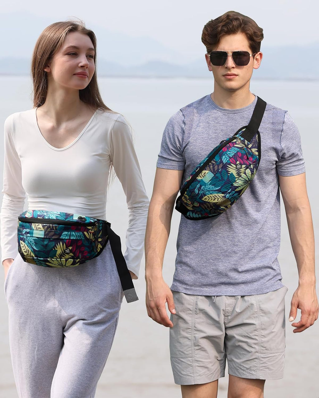 WATERFLY Fanny Pack for Men Women Water Resistant Large Hiking Waist Bag Pack Carrying All Phones for Running Walking Traveling (Black Leaf)