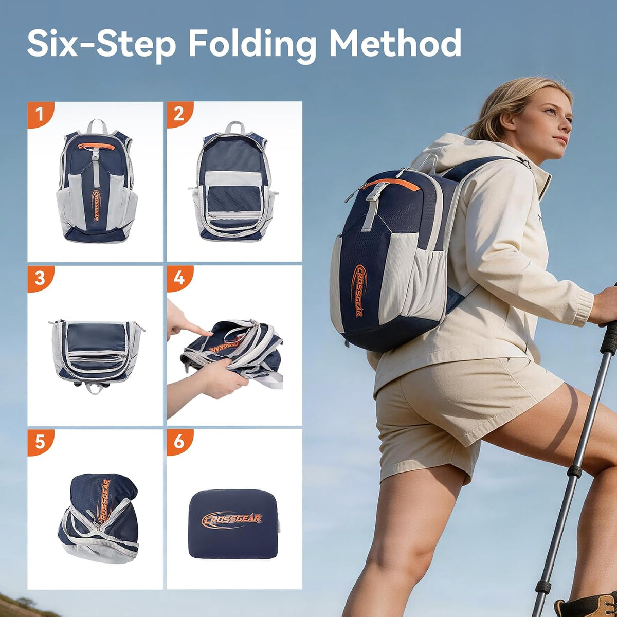 CROSS GEAR 16L Foldable Hiking Backpack, RFID Protection, Lightweight Waterproof Daypack, Packable Backpacks for Women Men, Small Hiking Daypack for Camping Travel Outdoor, Navy Blue