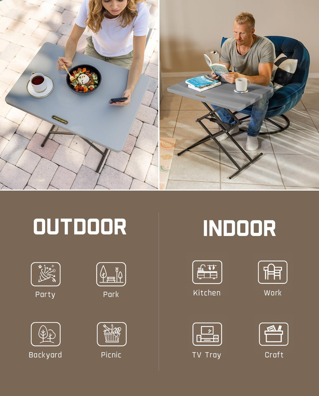 FanttikOutdoor Small Folding Table Quick Adjust 3 Heights, TV Tray, Dining
