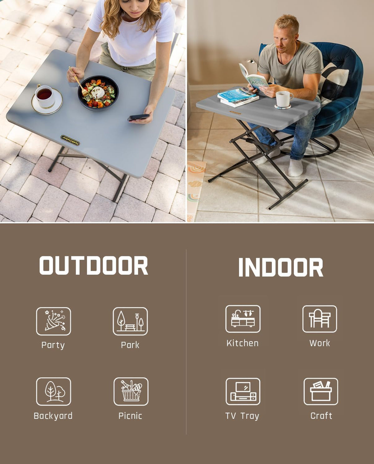 FanttikOutdoor Small Folding Table Quick Adjust 3 Heights, TV Tray, Dining