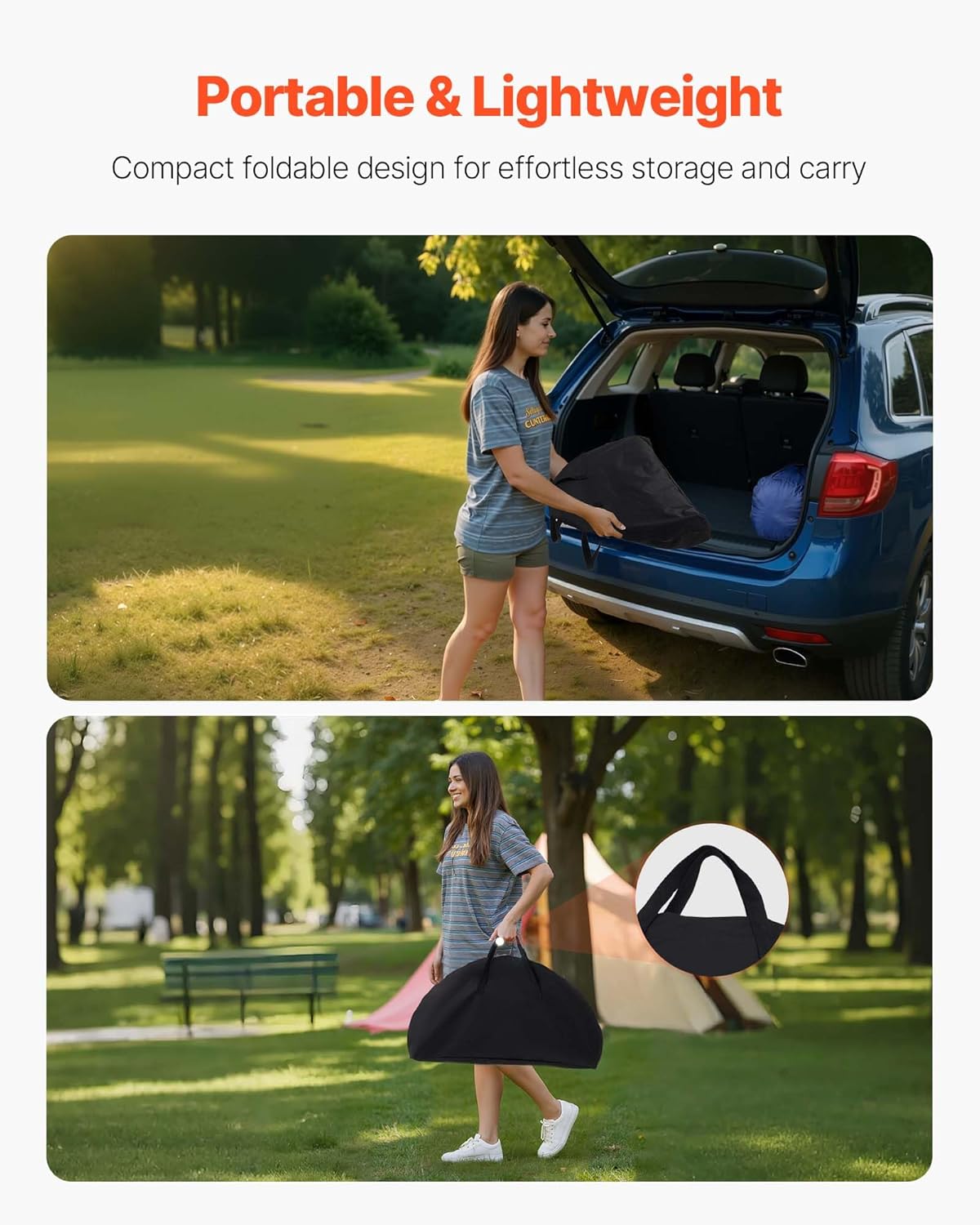 VEVOR Folding Camping Table, Portable Outdoor Lightweight Picnic Table, 600D Oxford Fabric Waterproof Canvas Travel Beach Tables, with 4 Cup Holders, Carry Bag, for Tailgating Camping Picnic, Black