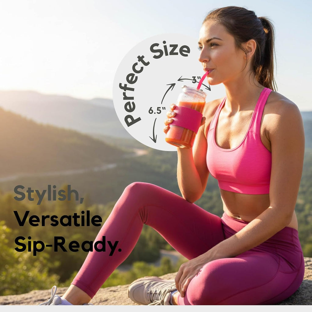 ColoVie 20oz Mixed Drinking Glasses with 6 Colors, Thicken Reusable Glass Tumblers with Lids and Straws, Removable Silicone Sleeve for Hot or Iced Drinking, Unique Colorful Glass Cups
