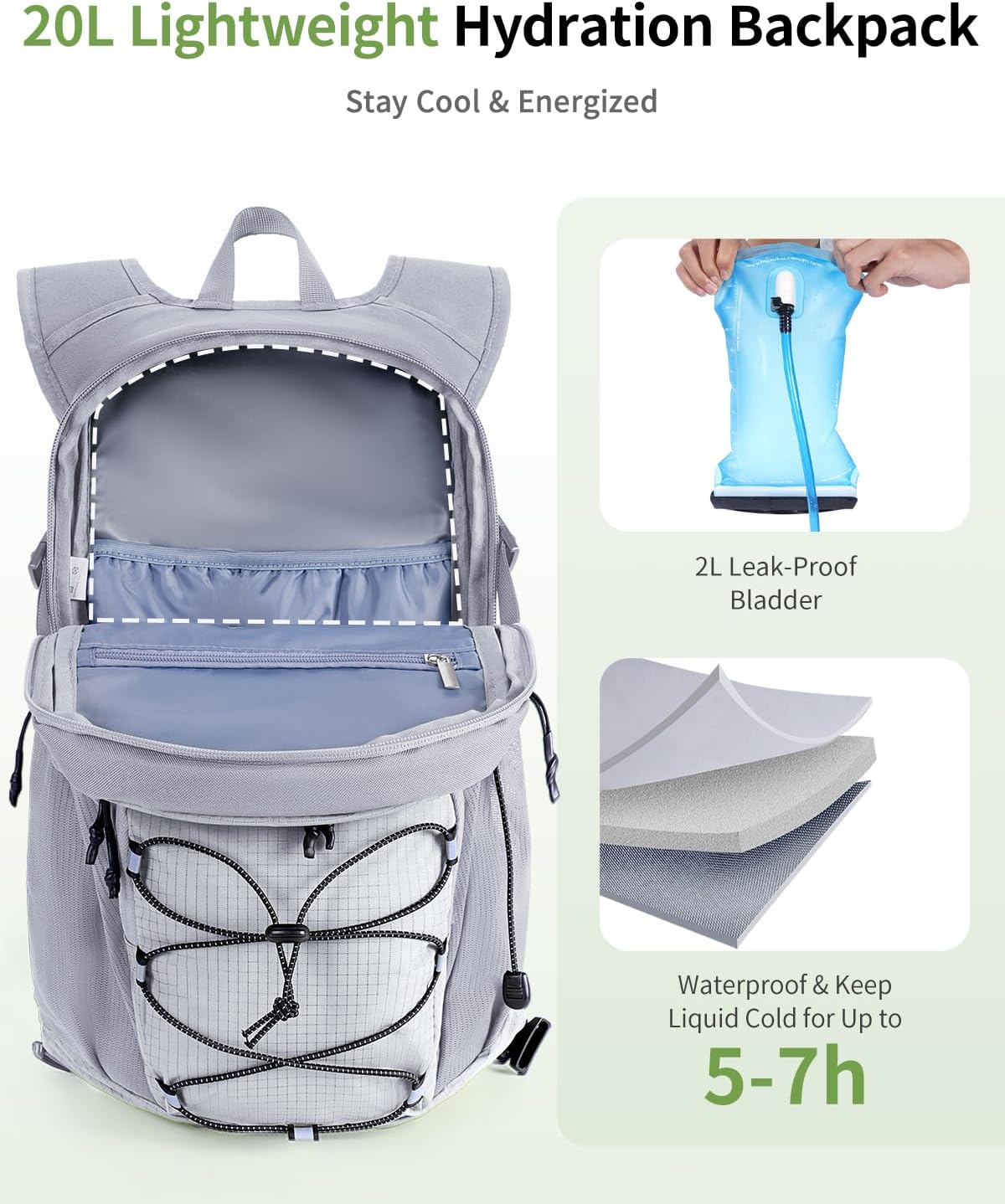 ECOHUB 20L Lightweight Hydration Backpack with 2L Water Bladder&Waist Pack