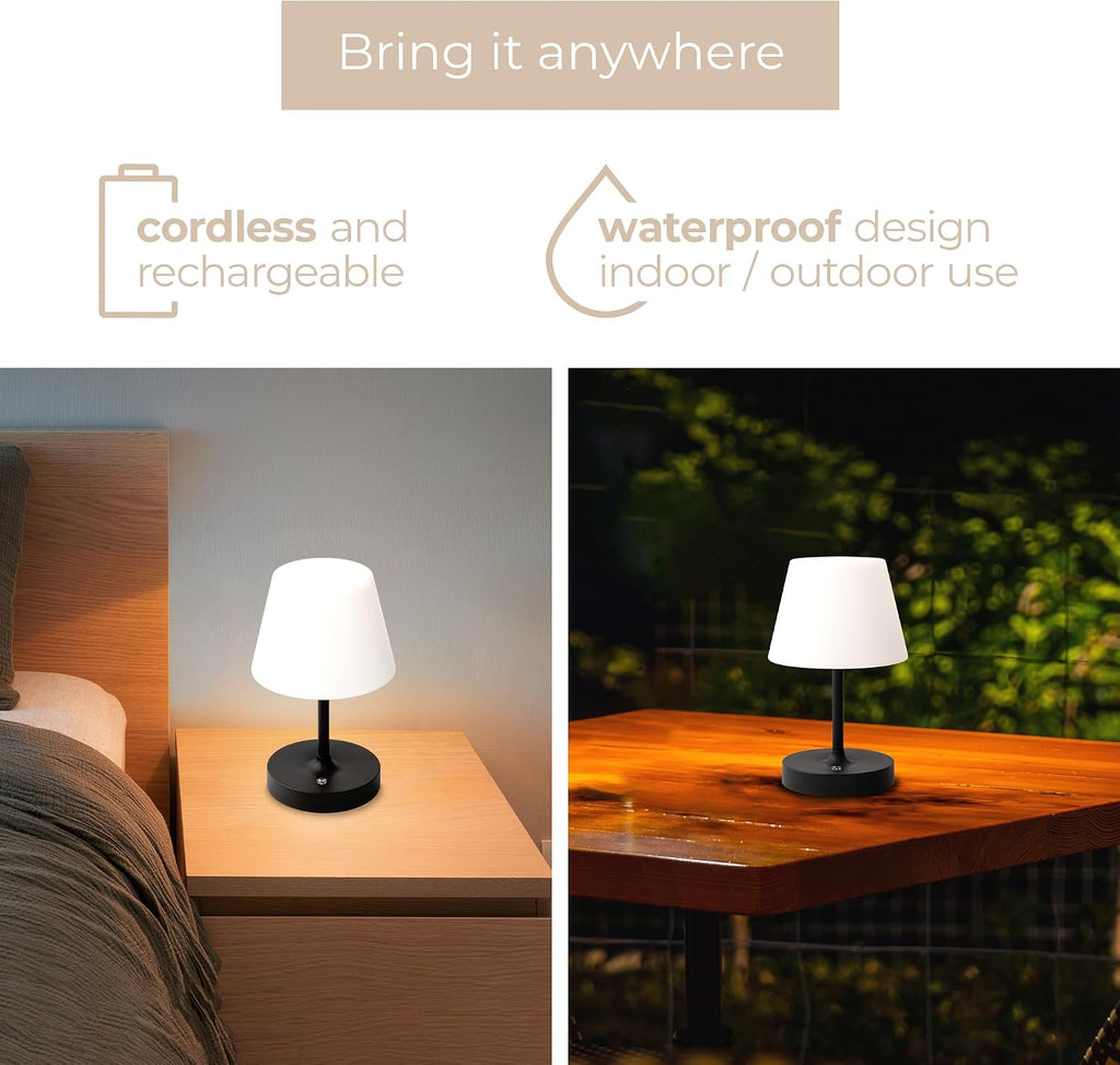 Modo LED Cordless USB-C Re-Chargeable Desk Lamp, 5200mAh Battery Operated with 3 Color Temperature 2700K-3000K-3500K and Fingertip Touch On/Off Plus Dimming in Black with White PC Shade