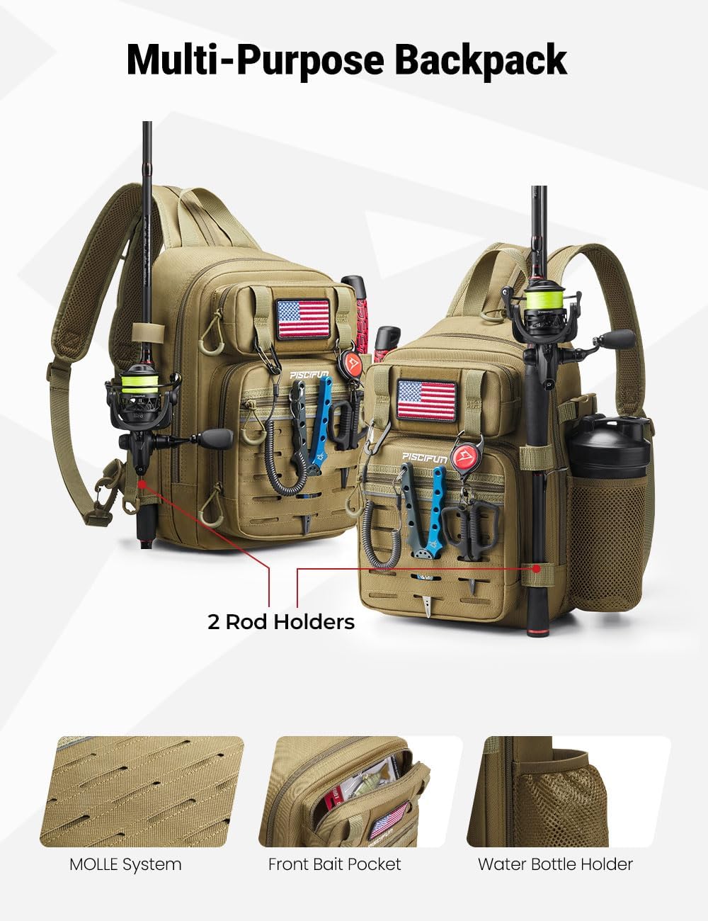 Piscifun Fishing Backpack Tackle Bag, MOLLE & 2 Rod Holders, Multi Storage