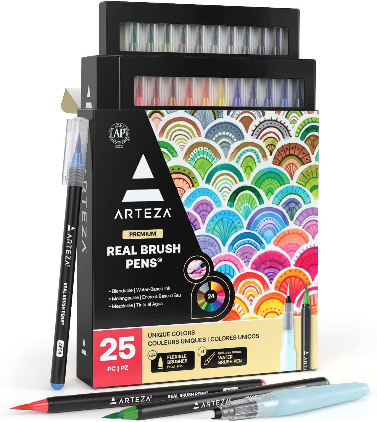 ARTEZA Real Brush Pens, 24 Watercolor Markers, Flexible Nylon Brush Tips