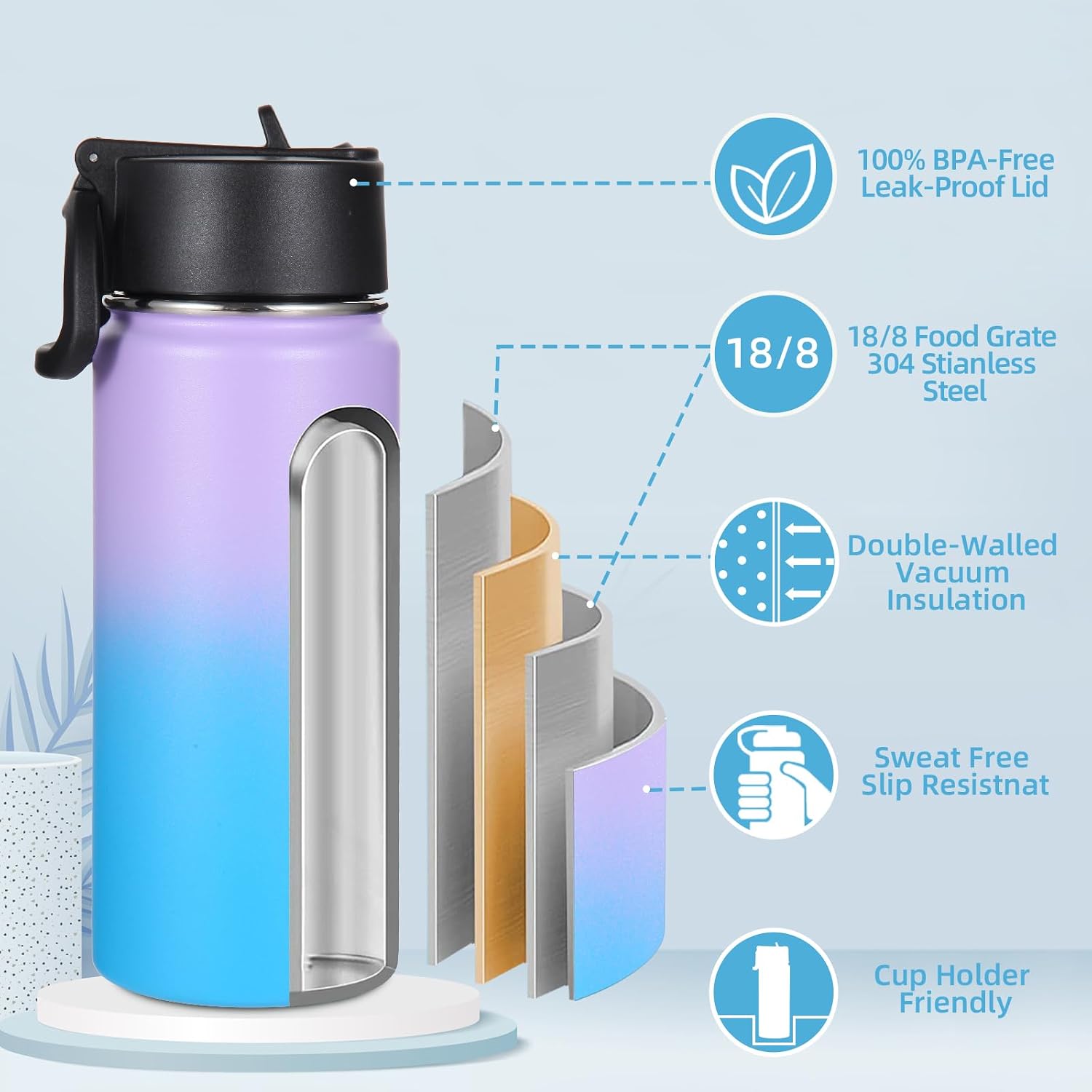 Volhoply 16 OZ Kids Water Bottle Bulk 4 Pack,Insulated Sports Bottles with Straw Lid,Stainless Steel Bottle with Handle Keep Cold,Double Wall Vacuum Tumbler Cups for School,Girl(Lavender Blue, 4