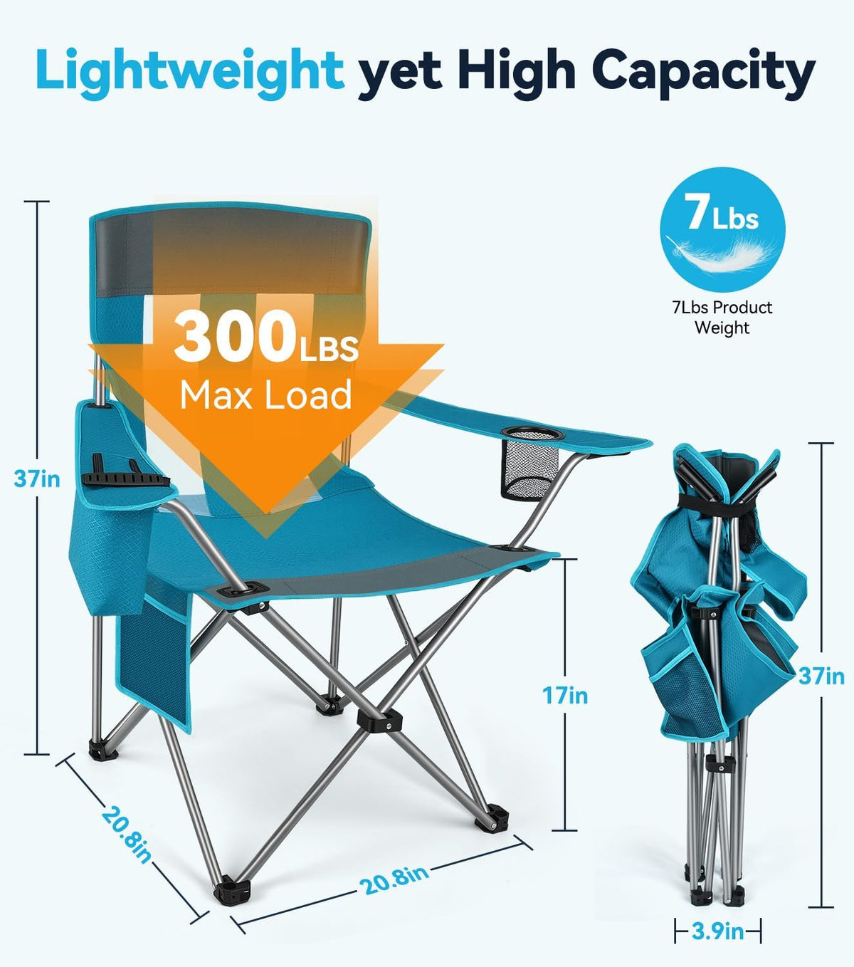 Camping Chair, Lightweight Folding Chair, 300lbs Capacity Outdoor Chair with Cooler Bag, Mesh Backrest, Cup Holder Pocket, Side Pocket, Portable Chair for Beach/Fishing/Tailgating/Sport Game（1Pcs)