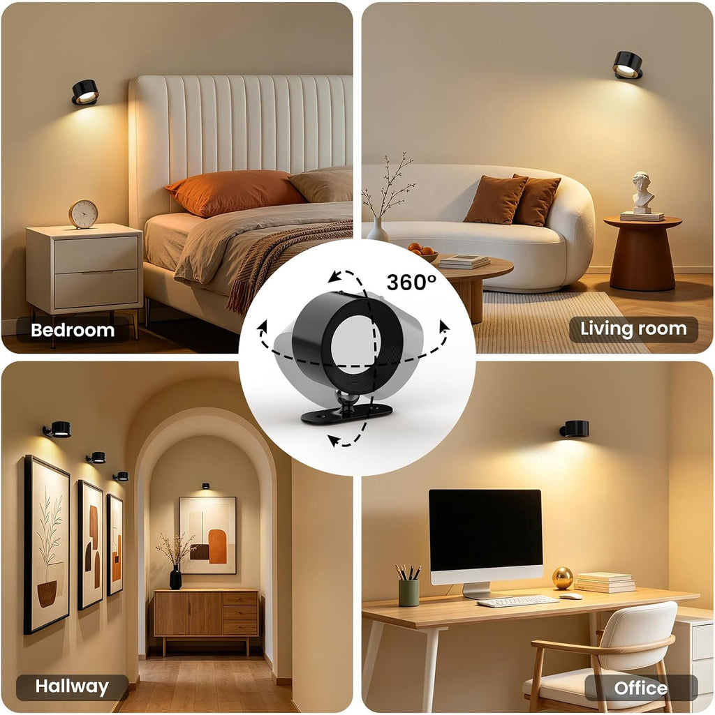 Koopala 2PCS Rechargeable Battery Operated LED Wall Lamps, Wall Mounted Lights with 3 Brightness 3 Color Temp Removable Charging 360°Rotate Magnetic, Cordless Wall Sconces for Reading Bedside-Black