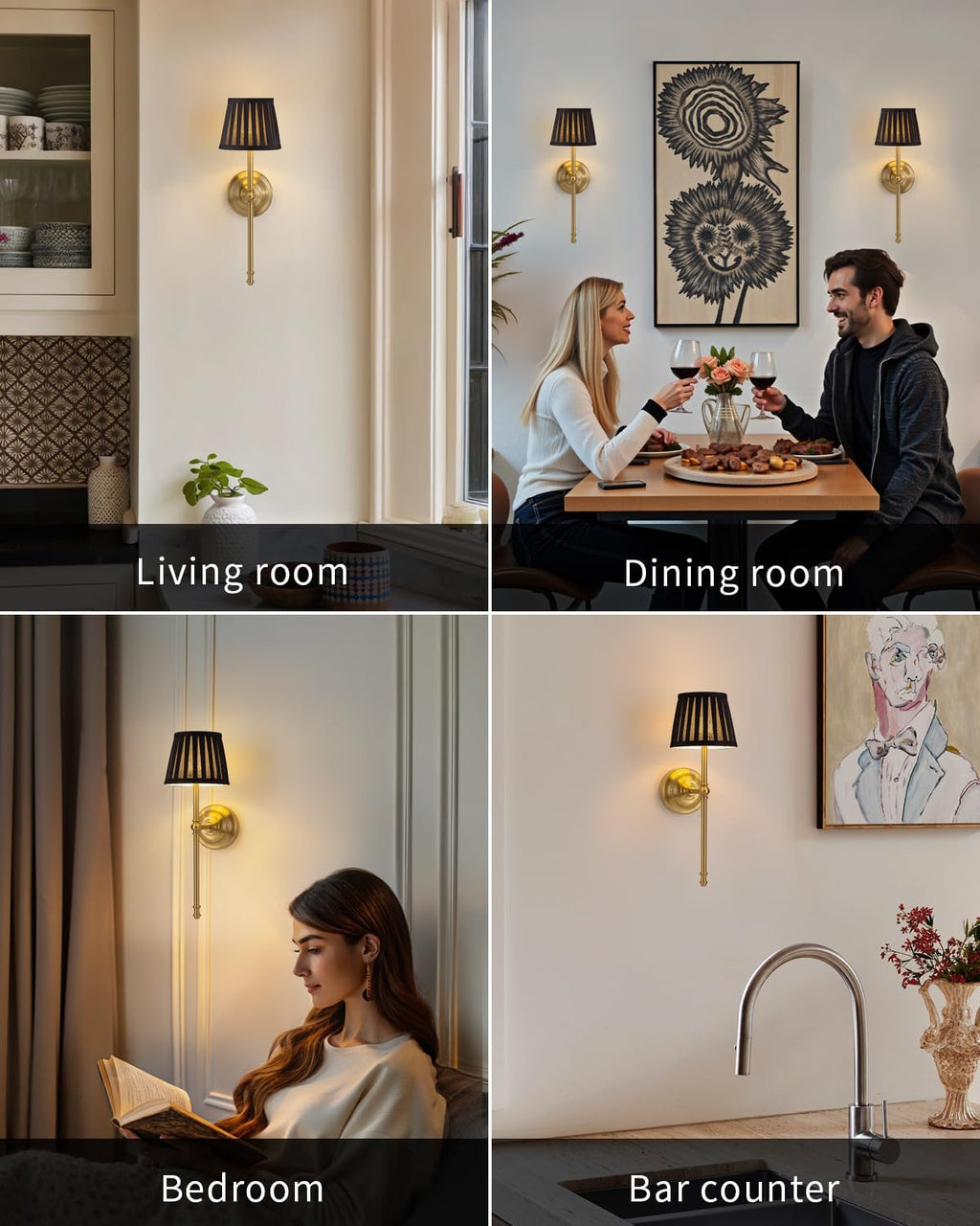 KDG Gold Cordless Wall Sconces Set of 2, Black Fabric LED Wall Lamps