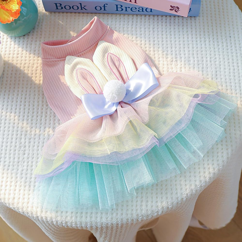 Pink Bunny Ears Dog Dress Spring Girl Puppy Clothes for Small Dog Easter Cat Dress for Cat Funny Tutu Dress Holiday Pet Outfit (Colorful, Medium)