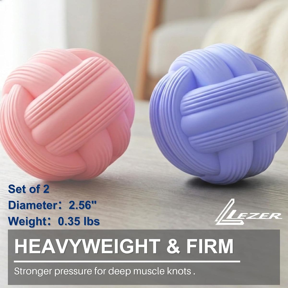 LEZER Dual-Texture Massage Ball, Heavyweight Trigger Point Ball, Deep Tissue Myofascial Release, Firm Yoga Therapy Ball for Muscle Knots, Plantar Fasciitis, Set of 2 (Blue and Pink)