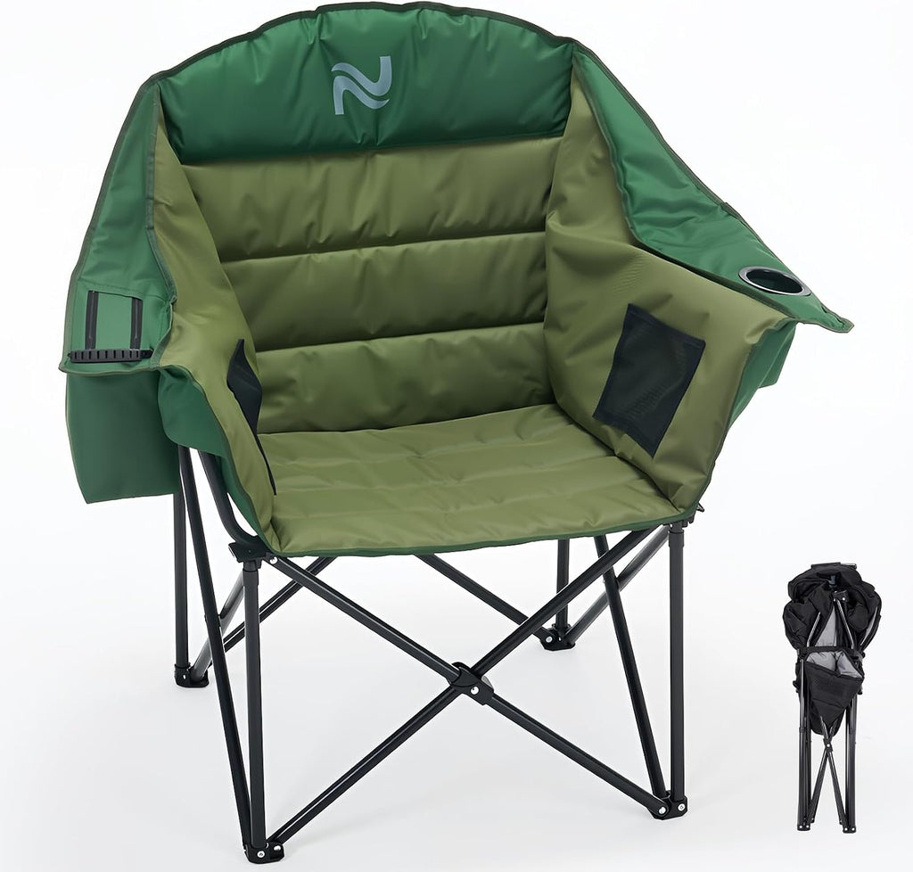 NAIZEA Padded Camping Chair, Outdoor Folding Chair, Portable Heavy Duty Arm Chairs with Side Pockets, Cup Holder for Beach, Lawn, Picnic, Fishing, Backpacking