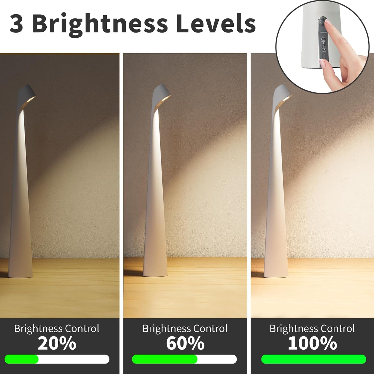 HAPYGI Cordless Rechargeable Reading Metal Table Lamp, 3-Level Brightness