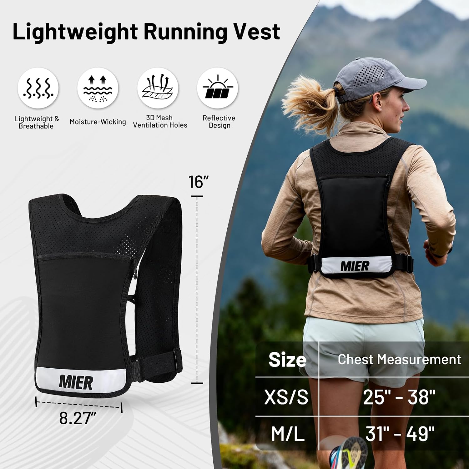 MIER Reflective Running Vest for Men Women with 500ml Soft Hydration Flask