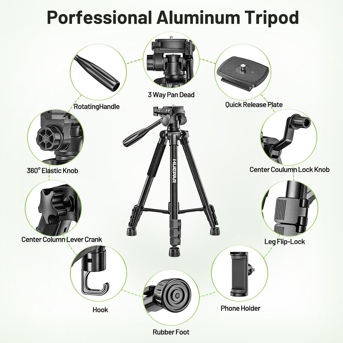 Huepar Professional Laser Level Tripod, 60 Inch Adjustable Laser Level Stand, Suit for Heavy Duty Laser Levels, Point Lasers, Laser Distance Measures; 1/4" & 5/8" Thread Mount, Non-Slip Feet, TPD14B