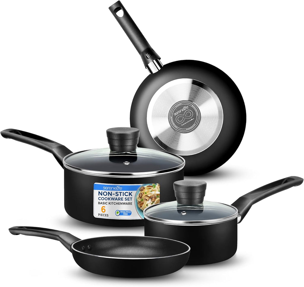 SereneLife Kitchenware Pots and Pans Set, Basic Kitchen Nonstick Cookware Set, Heat Resistant Lacquer (6-Piece Set), One Size, Gray