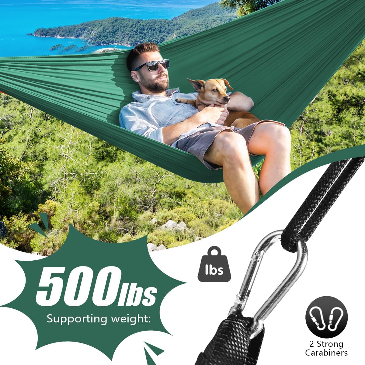 OBTANIM Camping Hammock 500lbs Portable Lightweight Single or Double Hammock with Tree Straps and Carry Bag for Camping Backpacking Hiking Travel Beach Outdoor Indoor (Dark Green)