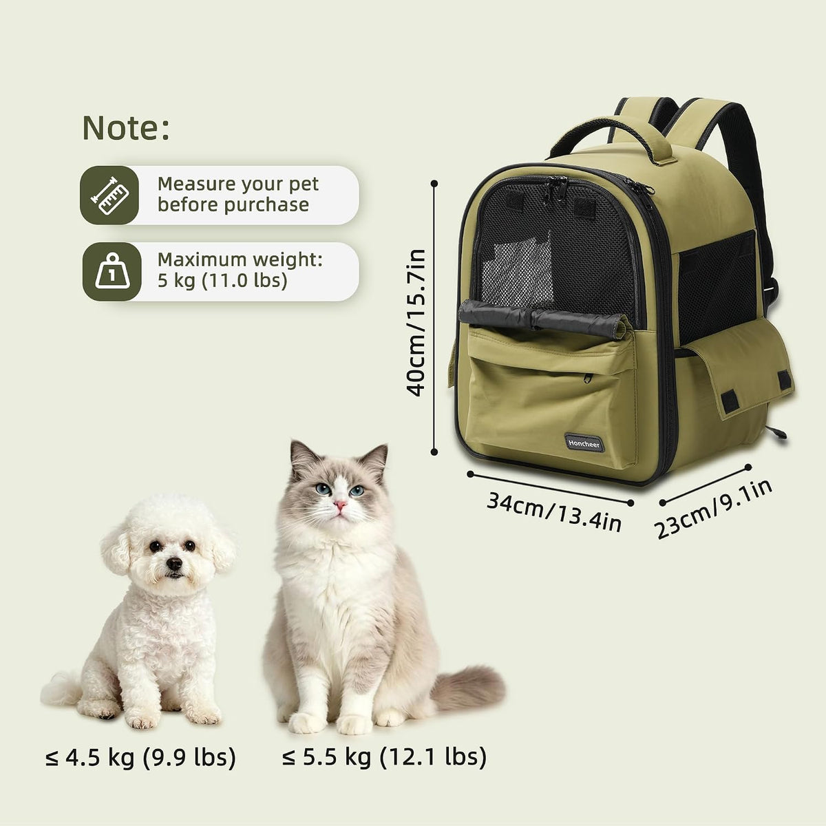 Cat Carrier Dog Backpack Carrier with Anti-Collapse Bottom (Olive Green)