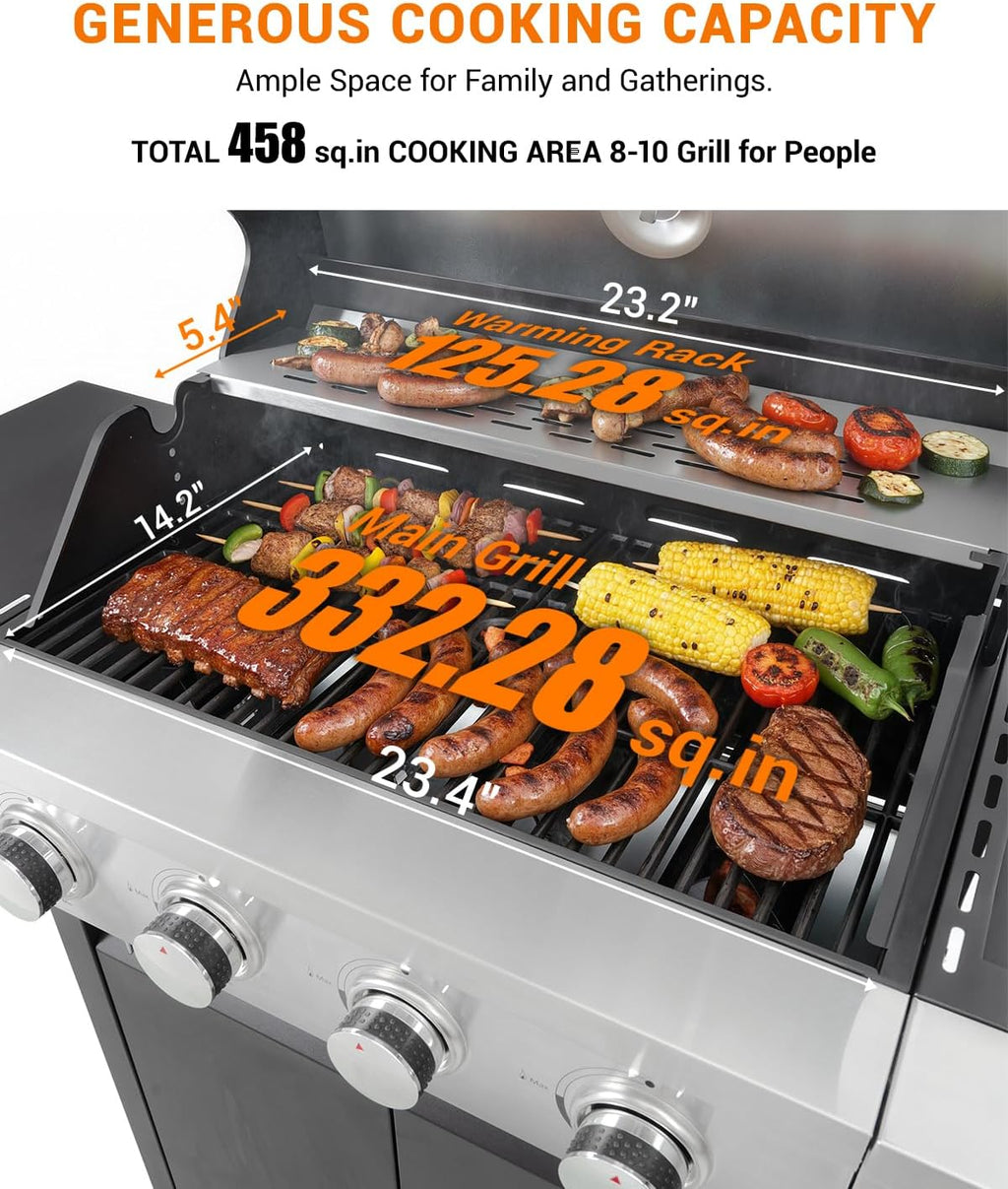 EUHOME 4-Burner Propane Gas BBQ Grill with Side Burner, 46,500 BTU Output Stainless Steel Barbecue Grill with Enameled Cast Iron Grates and Side Tables for Outdoor Cooking Kitchen and Patio Backyard