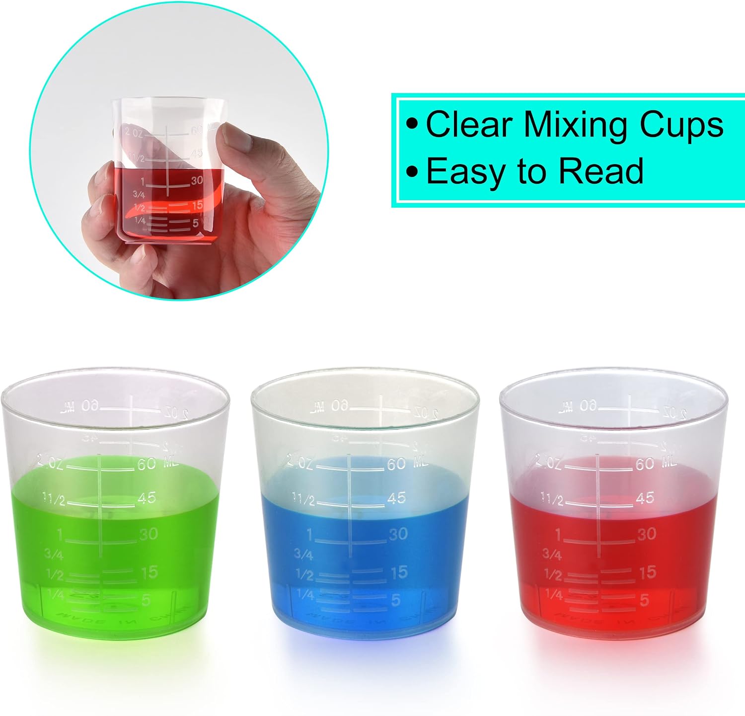 100 Pack 60ml/2oz Transparent Measuring Cups Reusable Clear Plastic Graduated Epoxy Mixing Cups with 100 Pack Wooden Stirring Sticks for Liquids Resin, Epoxy, Stain, Mixing Paint, School Labs