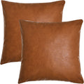 Tosewever Faux Leather Throw Pillow Covers, 18 x 18 inch Set of 2 Luxury Cognac Brown Modern Pillowcases Solid Decorative Square Cushion Cases for Bedroom Living Room Couch Bed Sofa (Brown, 18" x 18")