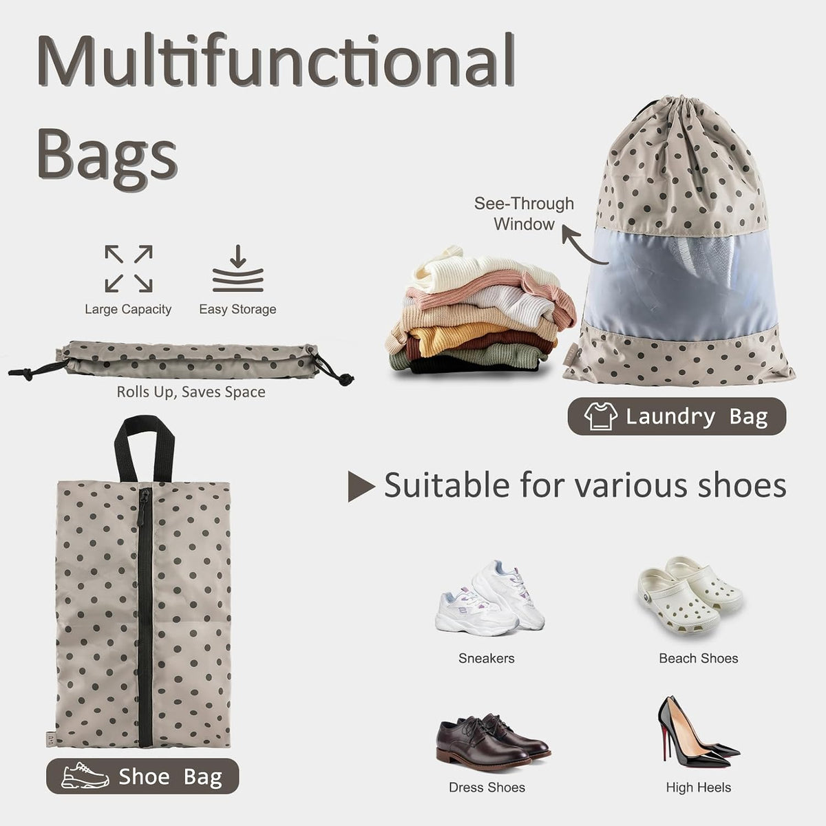 U+U 5 Set Packing Cubes, Travel Organizers with Shoe Bag (Brown Polka Dot)