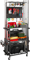 Fishing Rod Holders for Garage, 12-Rod Rolling Tackle Cart, Black
