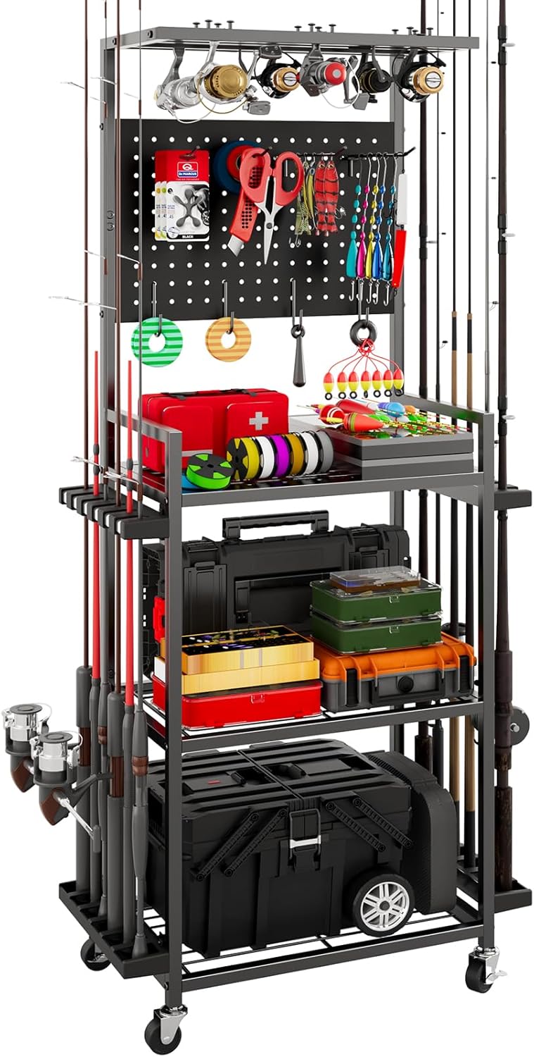 Fishing Rod Holders for Garage, 12-Rod Rolling Tackle Cart, Black