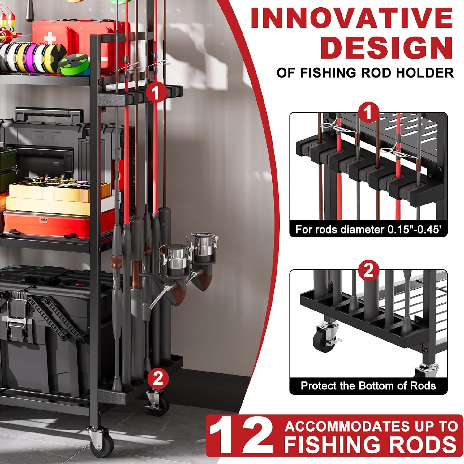 Fishing Rod Holders for Garage, 12-Rod Rolling Tackle Cart, Black