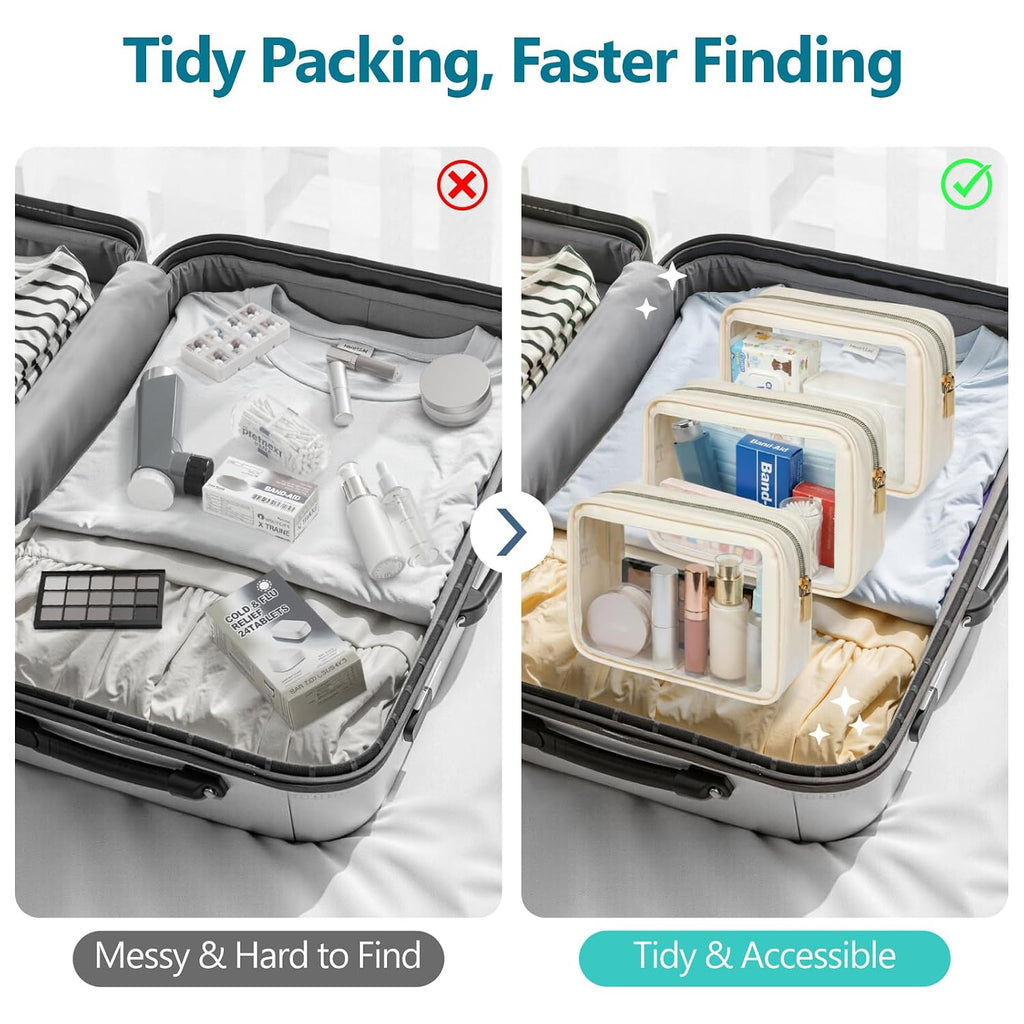F-color TSA Approved Toiletry Bag - Clear Makeup Bag, 3 Pack, Beige