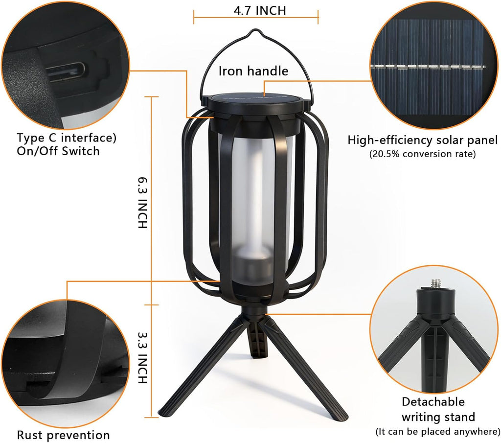 2 Pack Solar Lantern Lights Outdoor Waterproof Flickering Flame Light, Solar Lights with Dual Charging (USB/Solar) & 4 Modes Hanging Camping Light for Yard Patio Path Tree Porch Garden Decoration