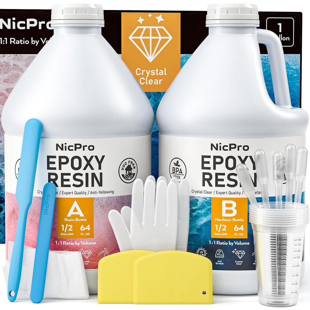 Nicpro 1 Gallon Crystal Clear Epoxy Resin Kit with Cups, Sticks, Gloves