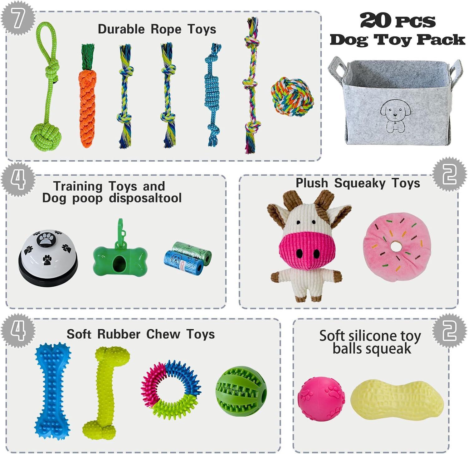 MRSOHRET 20Pcs Puppy Chew Toys for Teething, Dog Chew Toys with Rope Toy, Pet Dog Toothbrush, Treat Balls, Plush Toys and Squeaky Toys for Small Medium Dogs with Basket to Keep Them Busy