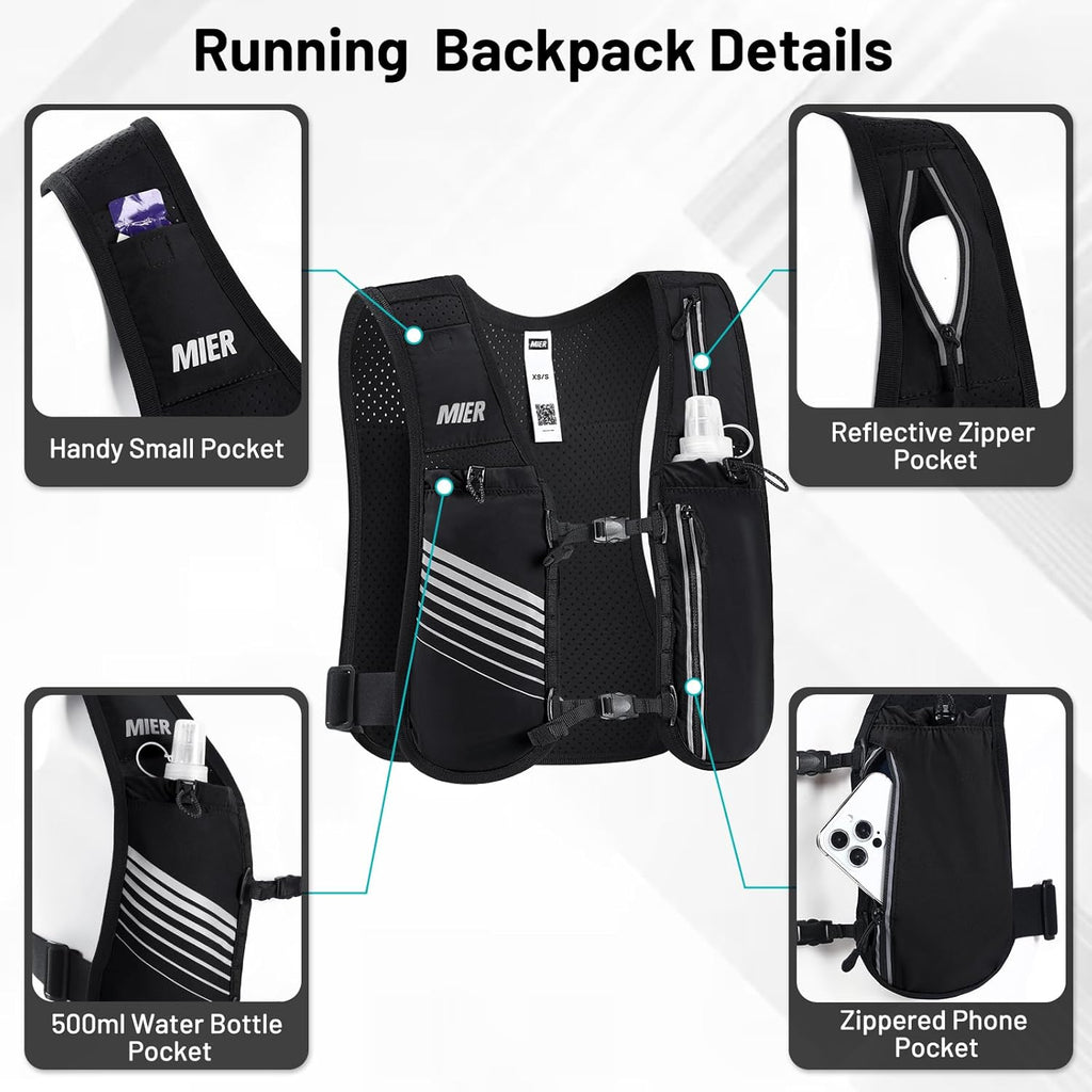 MIER Reflective Running Vest for Men Women with 500ml Soft Hydration Flask
