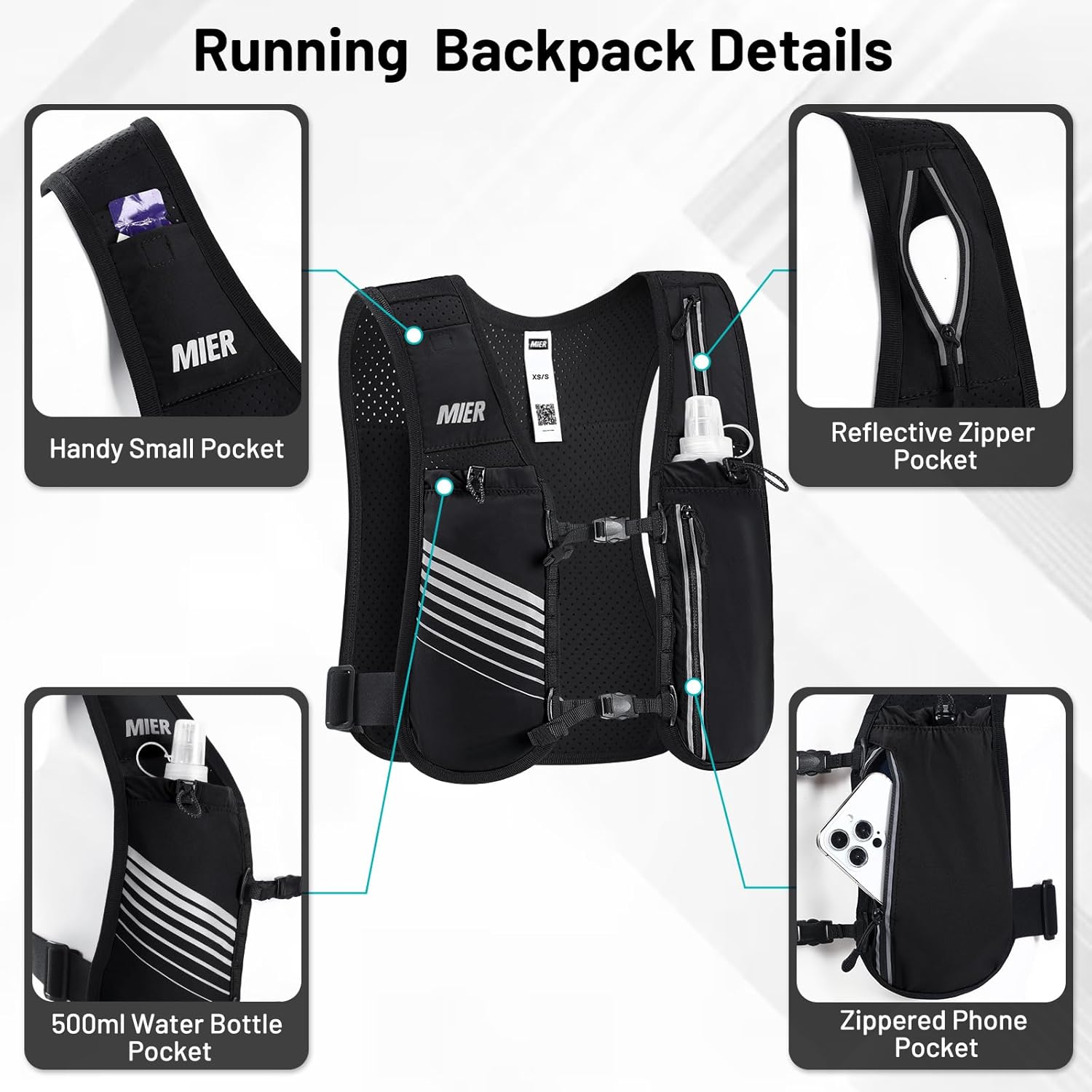 MIER Reflective Running Vest for Men Women with 500ml Soft Hydration Flask