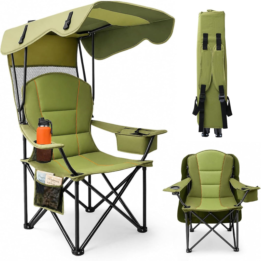 Suteck Camping Chair with Canopy Shade, Folding Outdoor Beach Chairs, Green