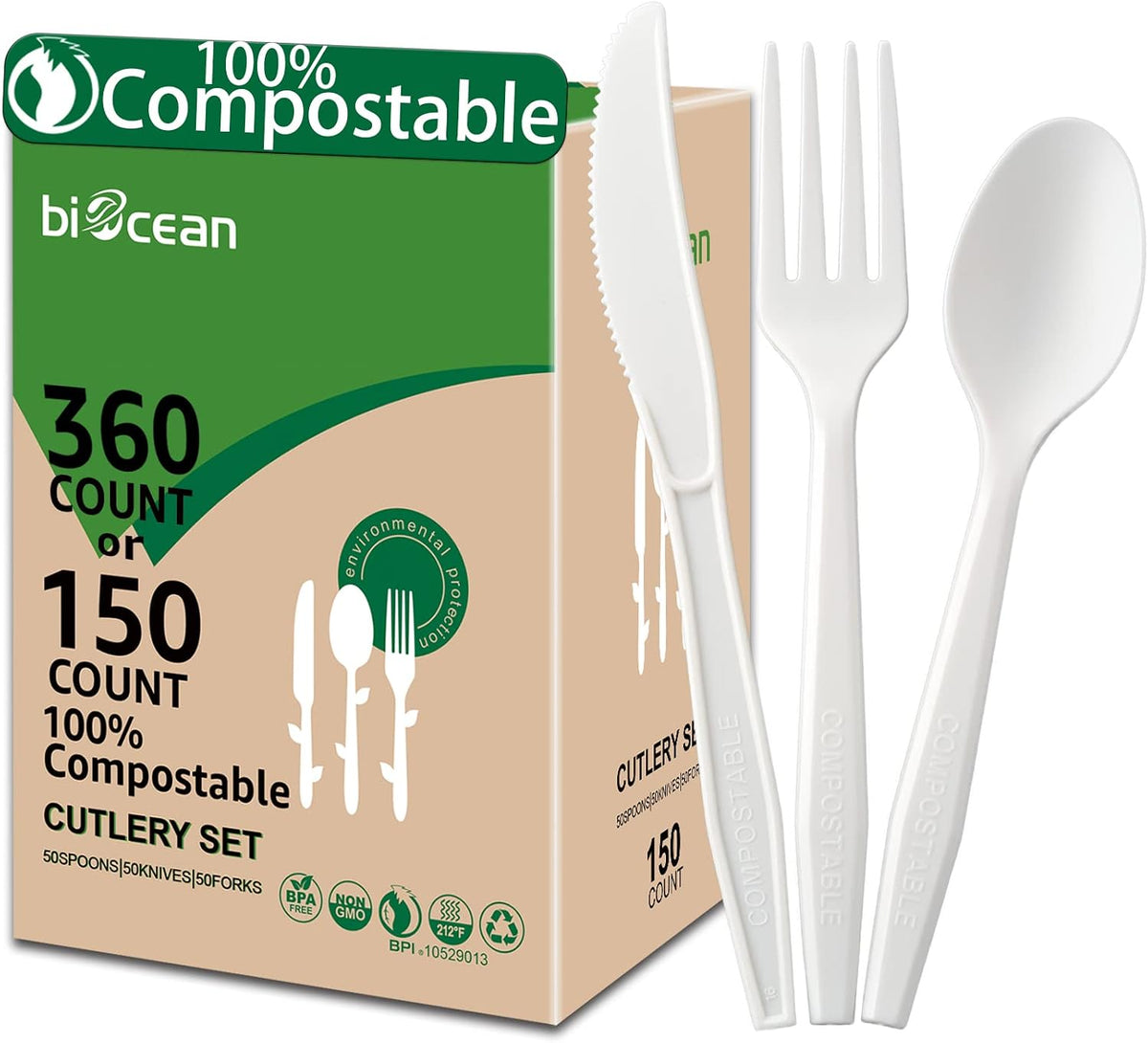 100%Compostable No Plastic Knives Disposable Forks Spoons Plastic Utensils, The Heavyweight Heavy Duty Flatware is Eco Friendly Products for Lounge Party Wedding BBQ Picnic Camping [150 Count]