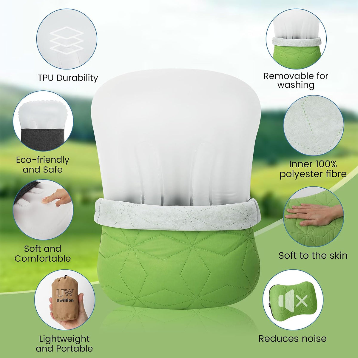 UWILLION Inflatable Camping Pillow with Removable Washable Cover, Ultralight Compact Air Pillow for Backpacking, Hiking, Travel & Camping, Ergonomic Neck and Lumbar Support Blow Up Pillow – Green